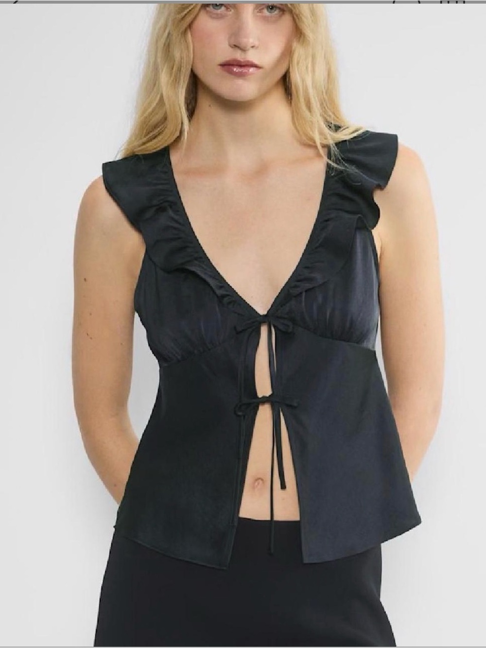 Wilfred Aritzia Tonka Black Satin Ruffle Tank